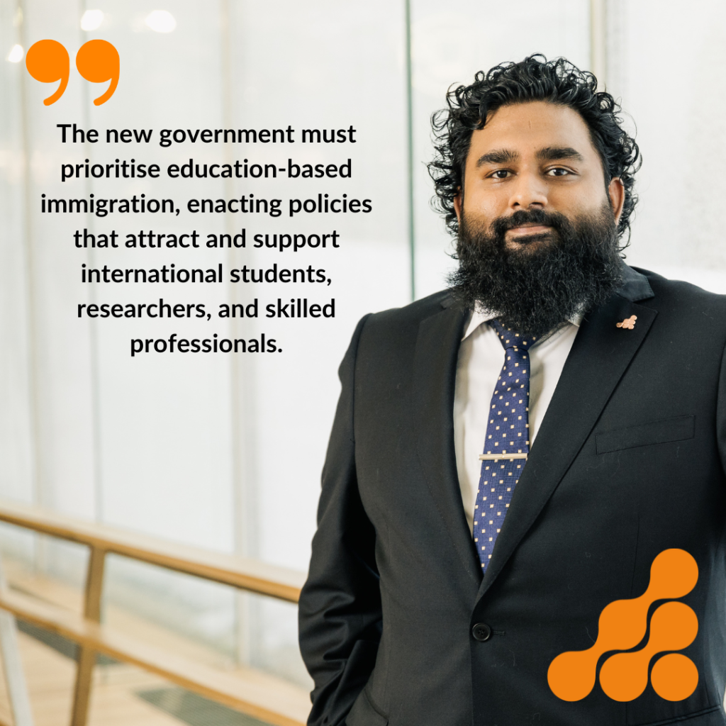 The new government must prioritise education-based immigration, enacting policies that attract and support international students, researchers, and skilled professionals.
