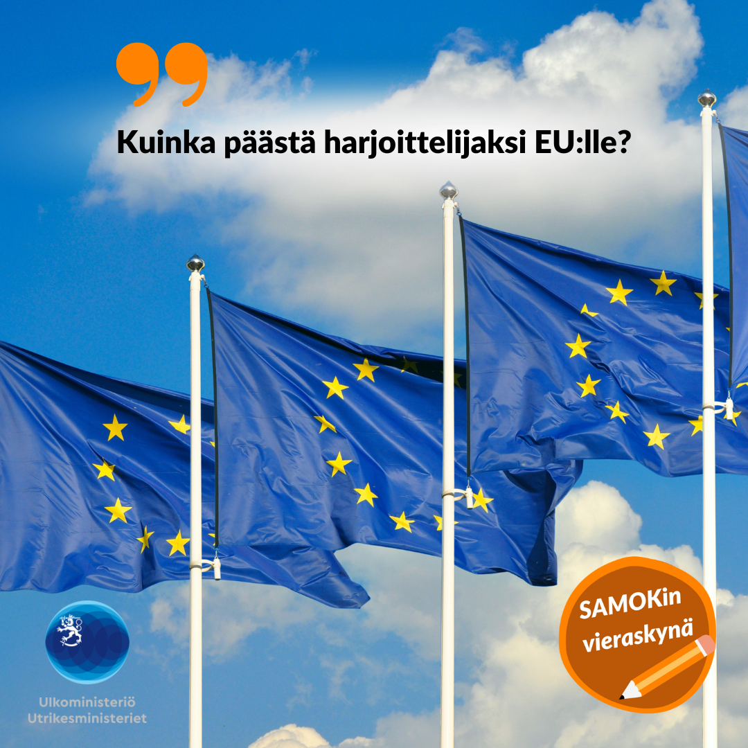SAMOKin vieraskynä: Kuinka päästä harjoittelijaksi EU:lle? Kuvassa EU-lippuja ja ulkoministeriön logo.